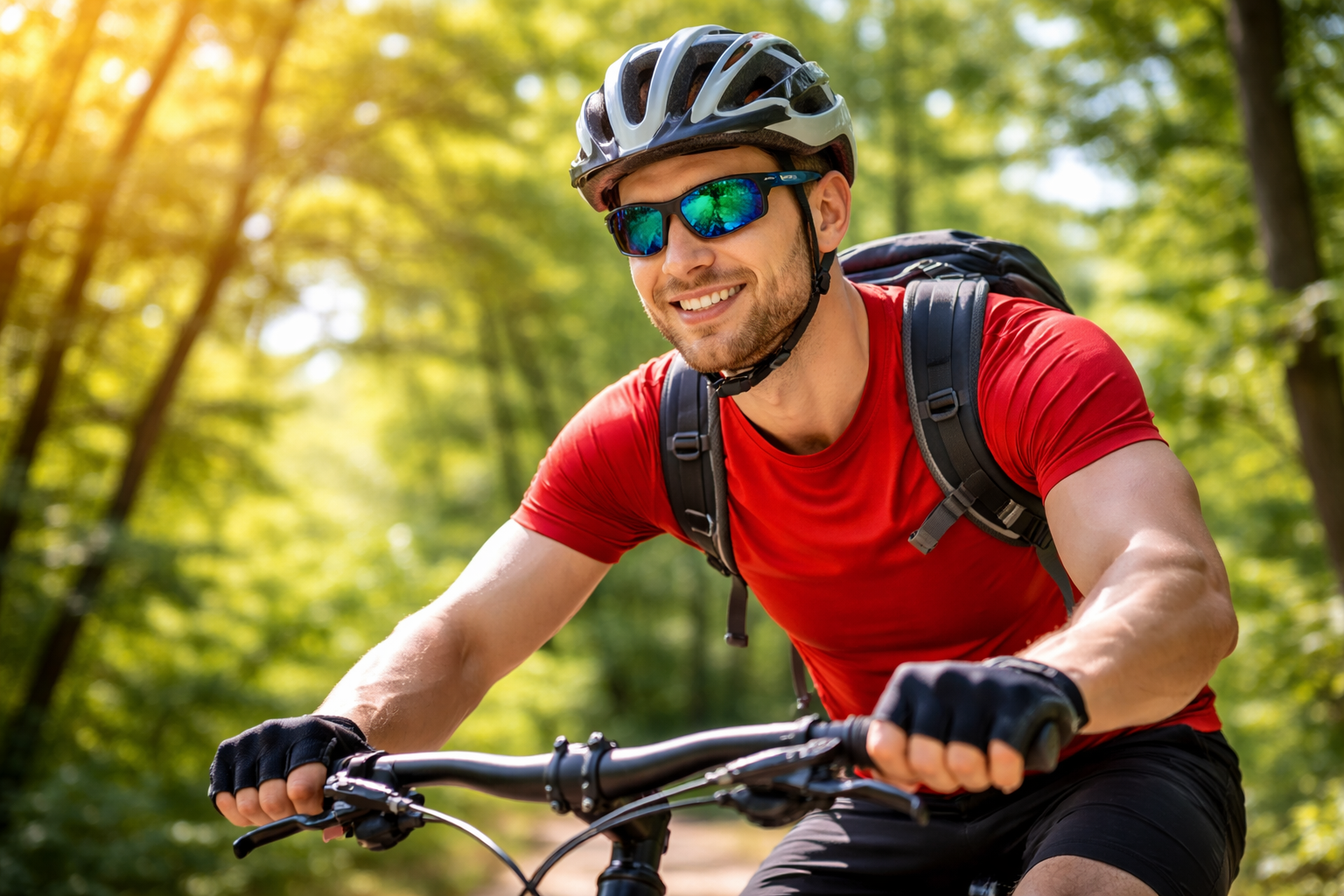Cyclist in the woods on a sunny day
