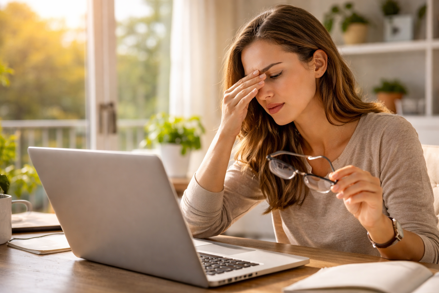 Exhausted focus in a sunlit office
