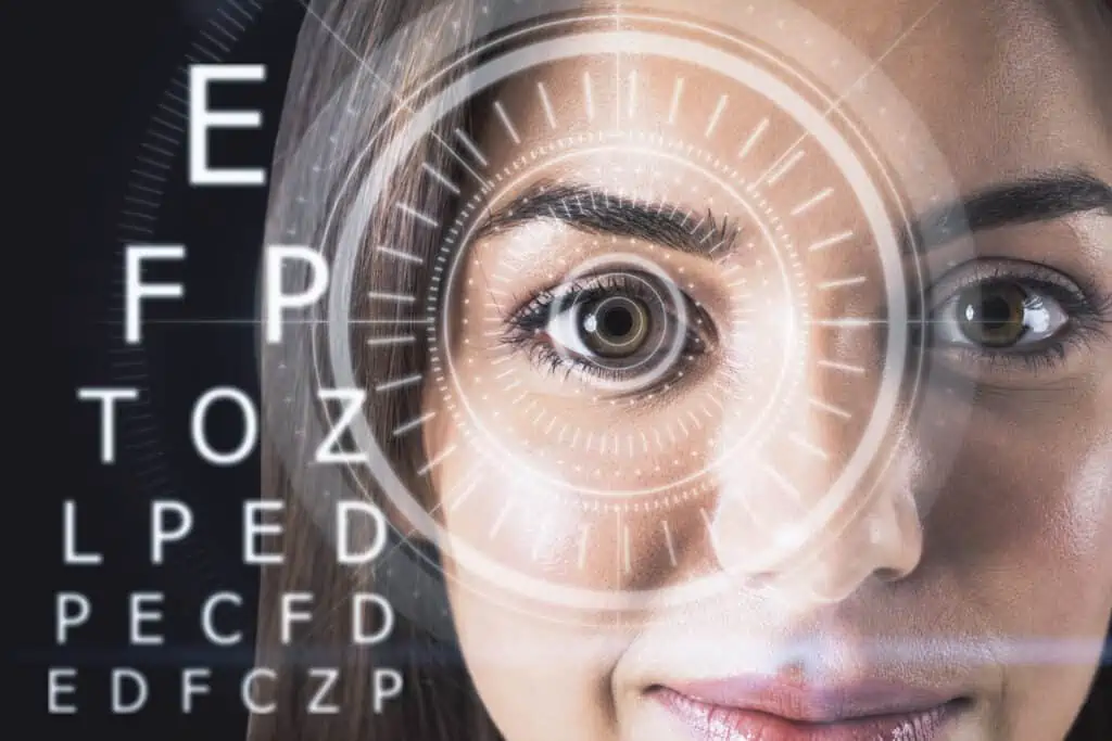 Abstract eyesight image with attractive happy european female portrait, digital eye lens and letters on dark background. Optical surgery and optometrist concept